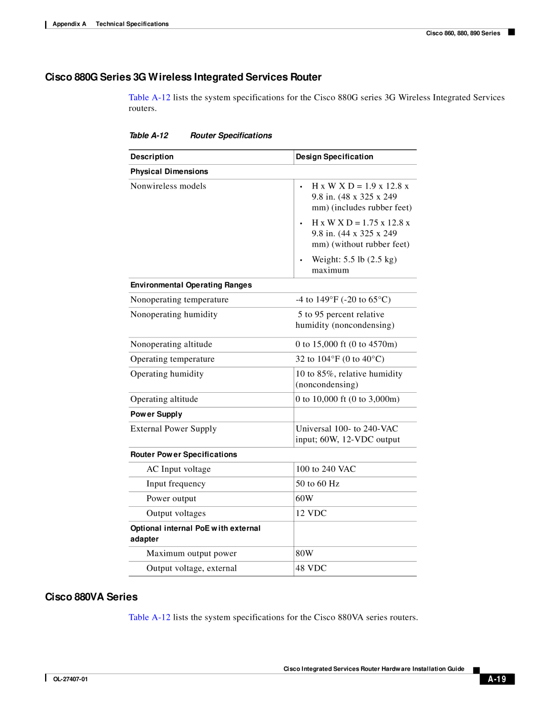 Cisco Systems OL-27407-01 manual Cisco 880G Series 3G Wireless Integrated Services Router, Cisco 880VA Series 