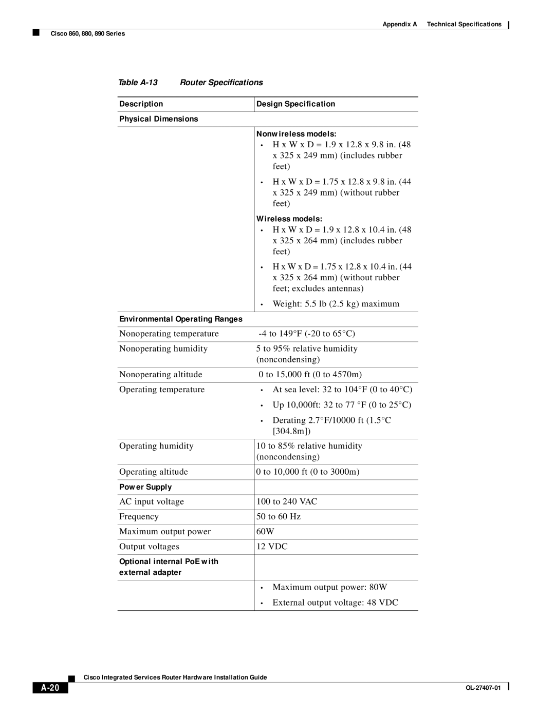 Cisco Systems OL-27407-01 manual Wireless models, Power Supply 