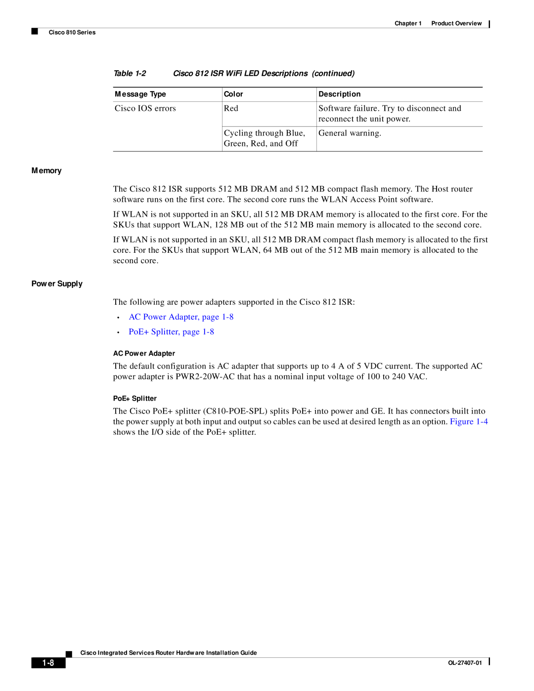 Cisco Systems OL-27407-01 Memory, Power Supply, Following are power adapters supported in the Cisco 812 ISR, PoE+ Splitter 