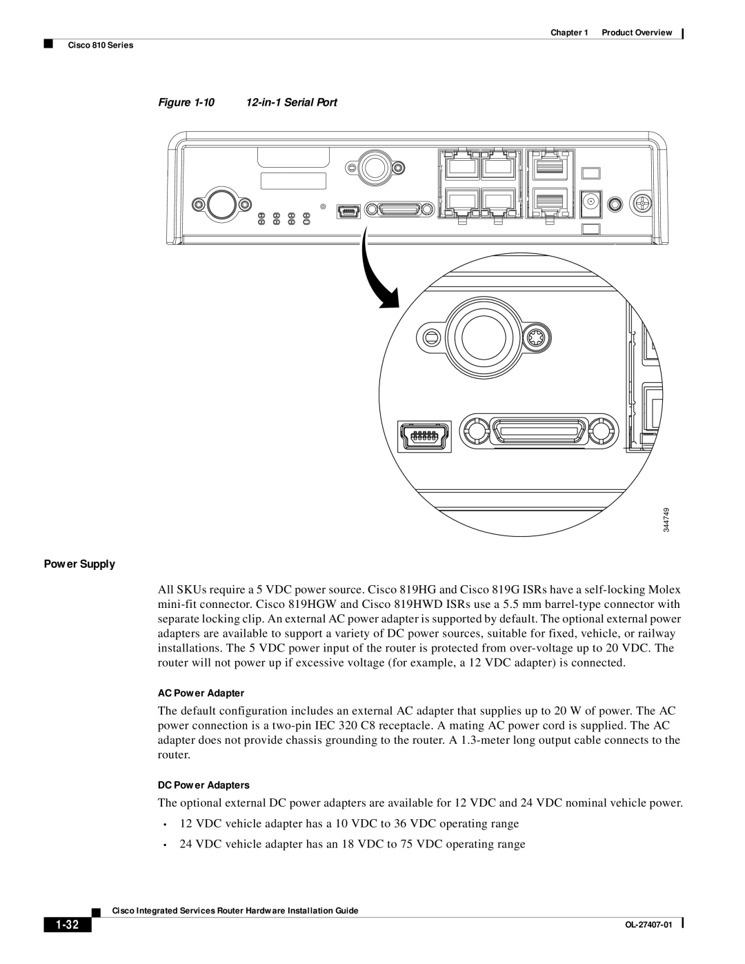 Cisco Systems OL-27407-01 manual DC Power Adapters, 10 12-in-1 Serial Port 