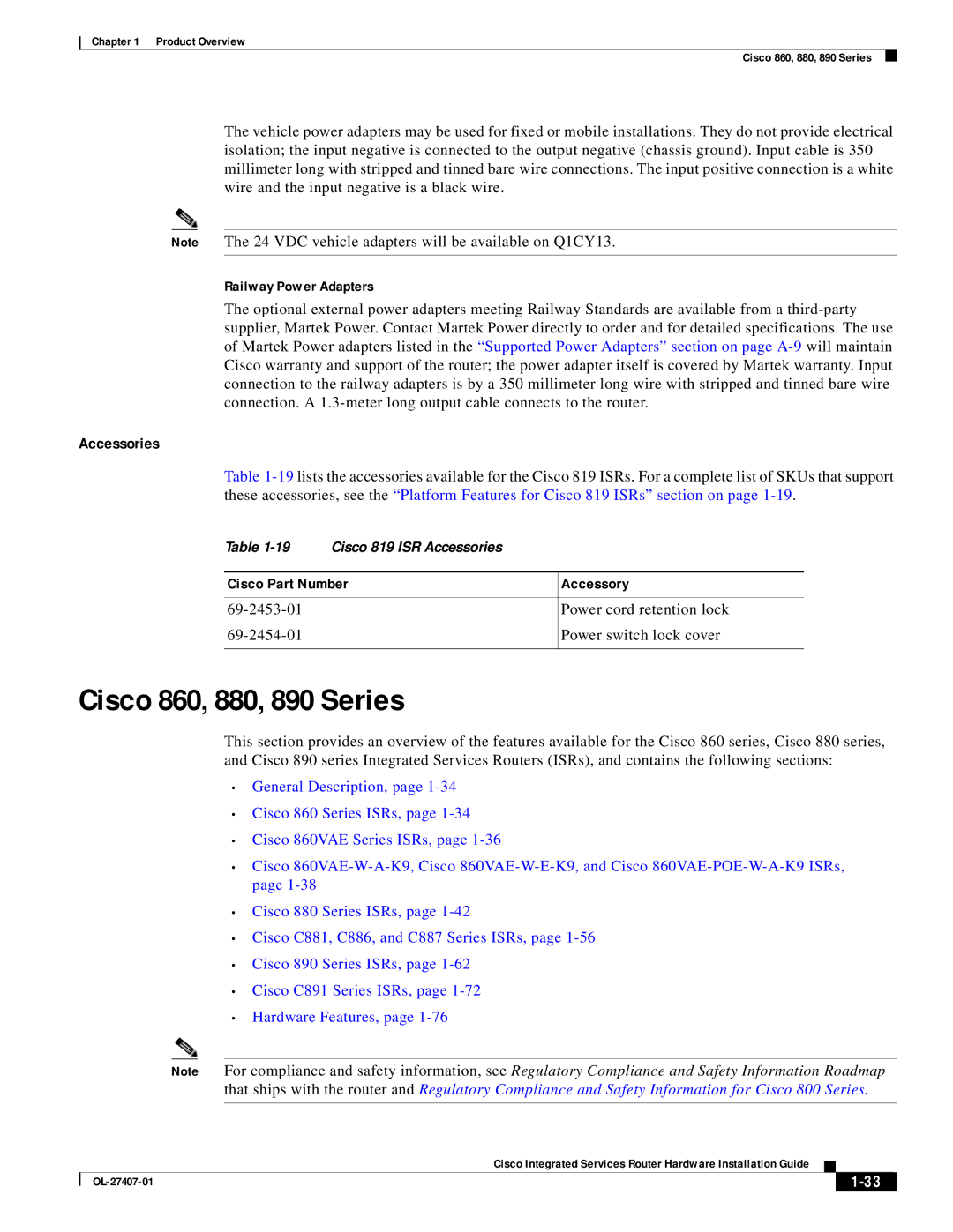 Cisco Systems OL-27407-01 manual Accessories, Railway Power Adapters, Cisco Part Number Accessory 