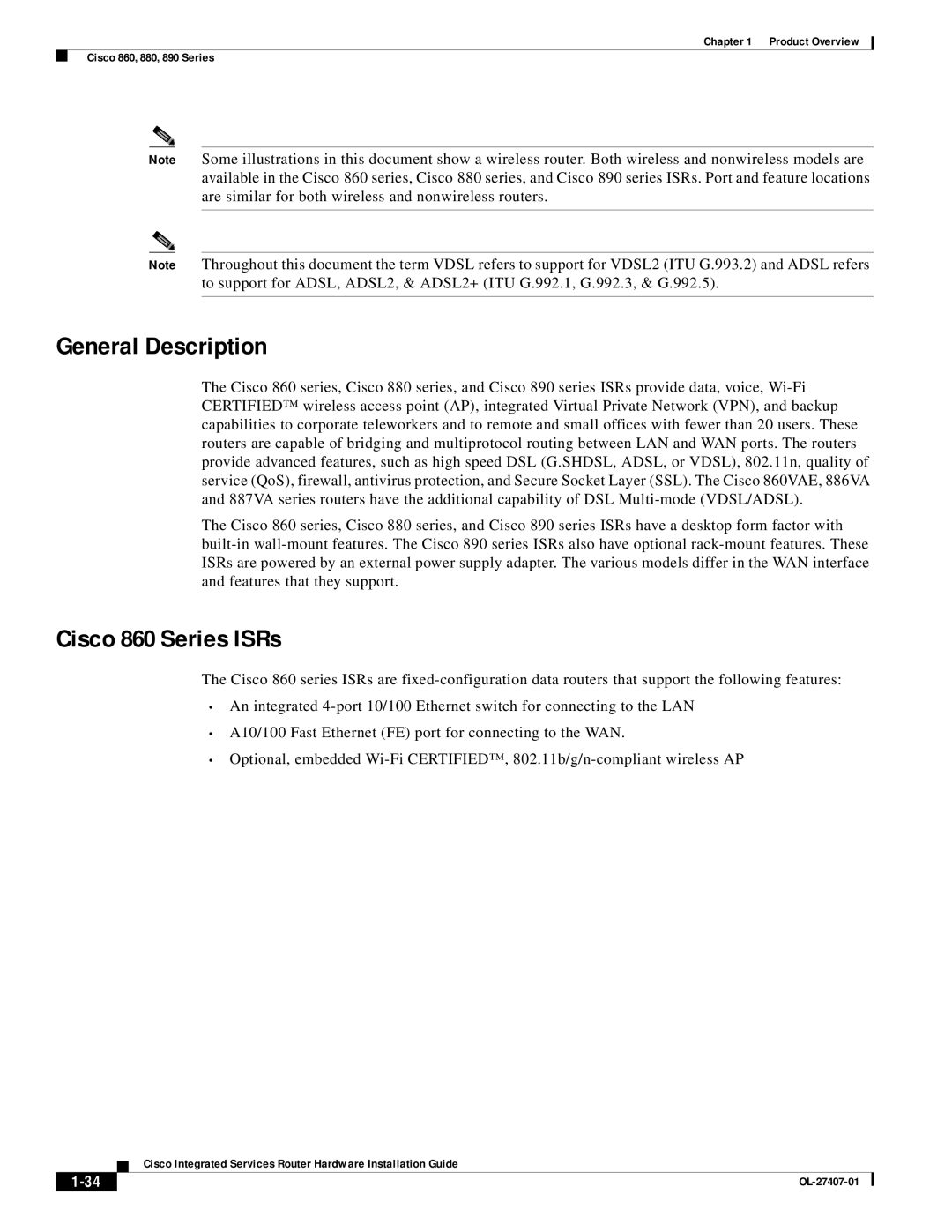 Cisco Systems OL-27407-01 manual General Description, Cisco 860 Series ISRs 