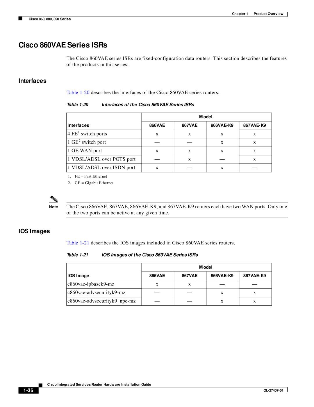 Cisco Systems OL-27407-01 manual Cisco 860VAE Series ISRs, IOS Images, Model Interfaces, Model IOS Image 