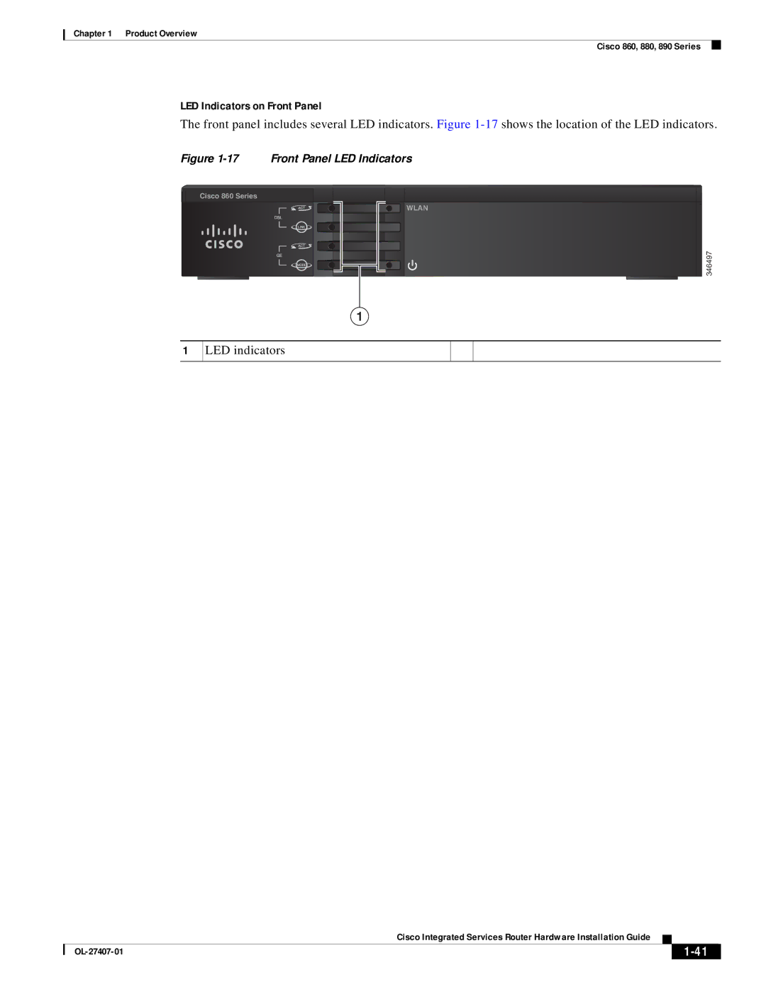 Cisco Systems OL-27407-01 manual LED Indicators on Front Panel, LED indicators 