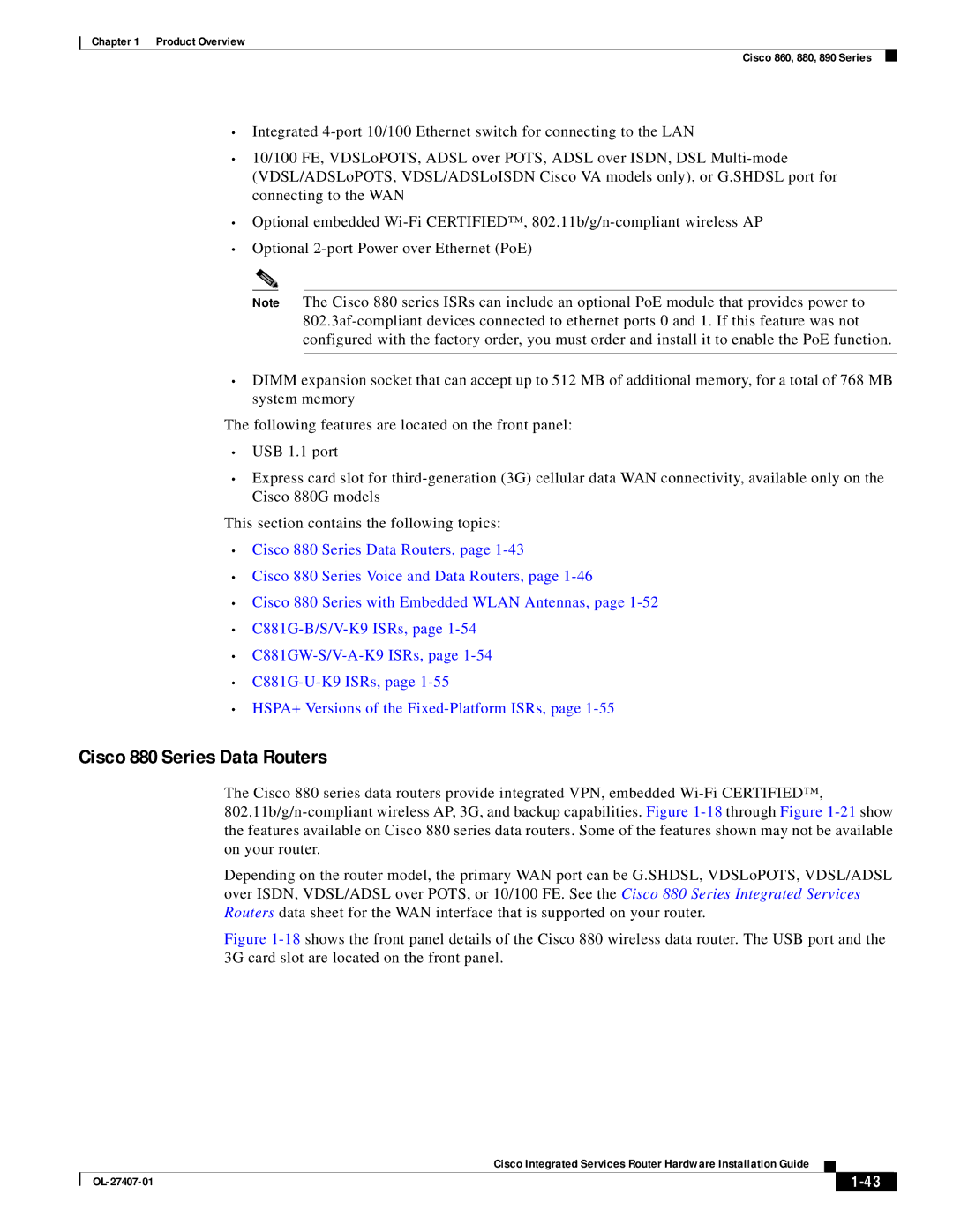 Cisco Systems OL-27407-01 manual Cisco 880 Series Data Routers 