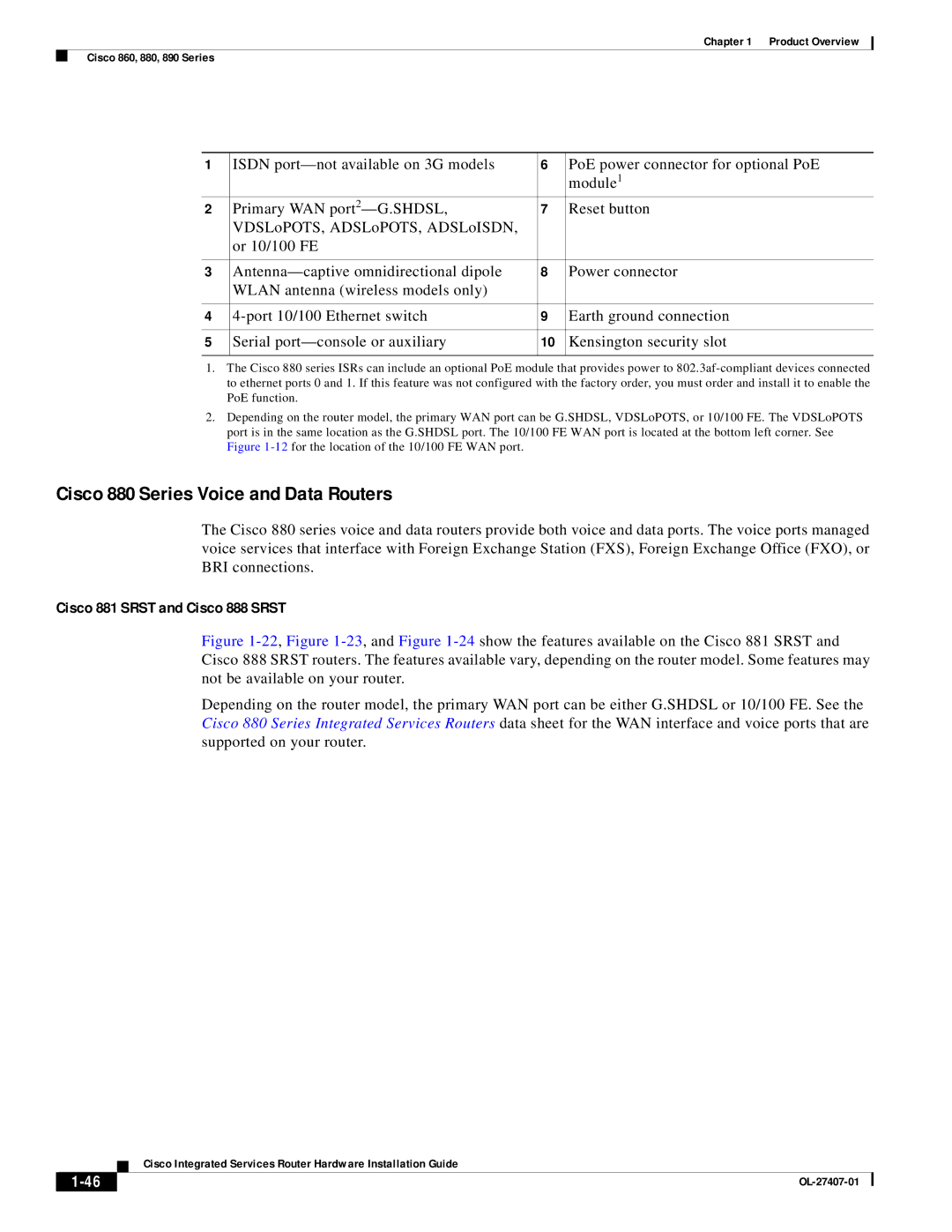 Cisco Systems OL-27407-01 manual Cisco 880 Series Voice and Data Routers, Cisco 881 Srst and Cisco 888 Srst 