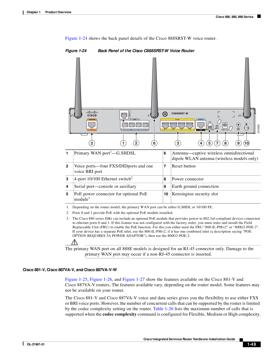 Cisco Systems OL-27407-01 Cisco 881-V, Cisco 887VA-V, and Cisco 887VA-V-W, Back Panel of the Cisco C888SRST-W Voice Router 