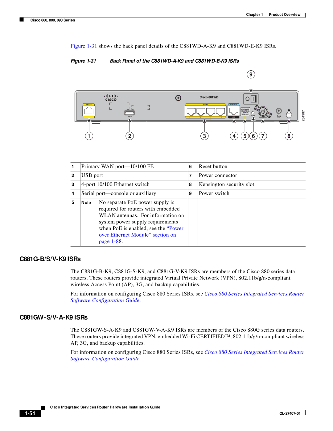 Cisco Systems OL-27407-01 manual C881G-B/S/V-K9 ISRs, C881GW-S/V-A-K9 ISRs 