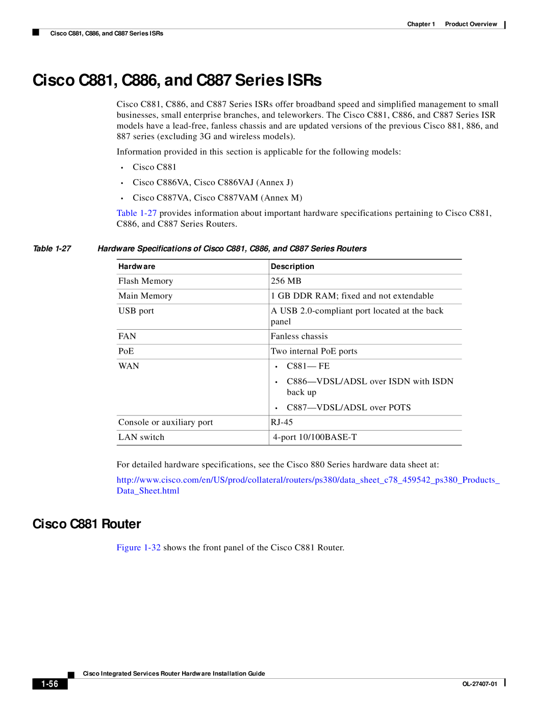 Cisco Systems OL-27407-01 manual Cisco C881 Router, Hardware Description, Fan, Wan 