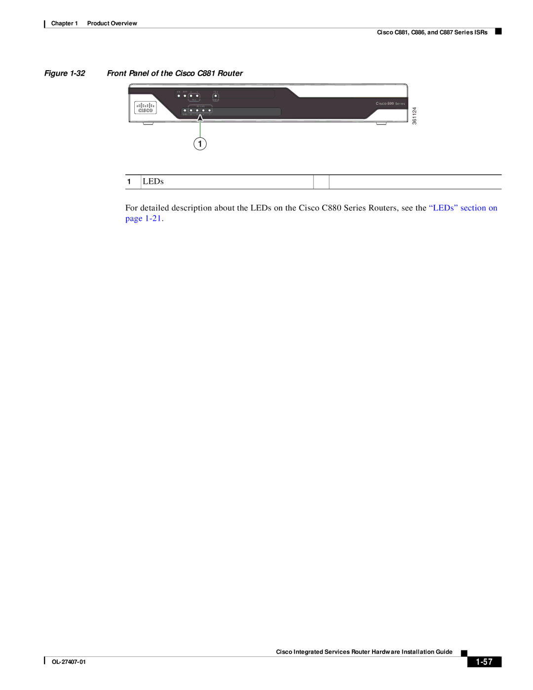 Cisco Systems OL-27407-01 manual Front Panel of the Cisco C881 Router 