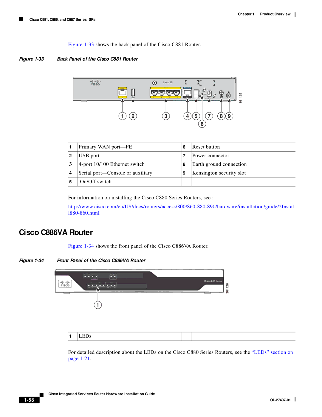 Cisco Systems OL-27407-01 manual Cisco C886VA Router, 33shows the back panel of the Cisco C881 Router 