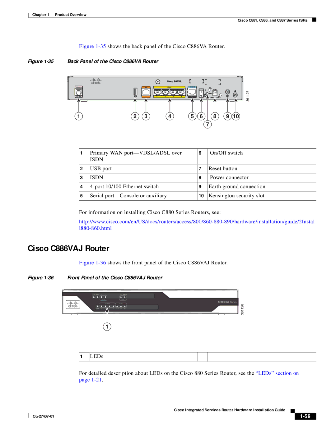 Cisco Systems OL-27407-01 manual Cisco C886VAJ Router, Primary WAN port-VDSL/ADSL over On/Off switch, USB port Reset button 