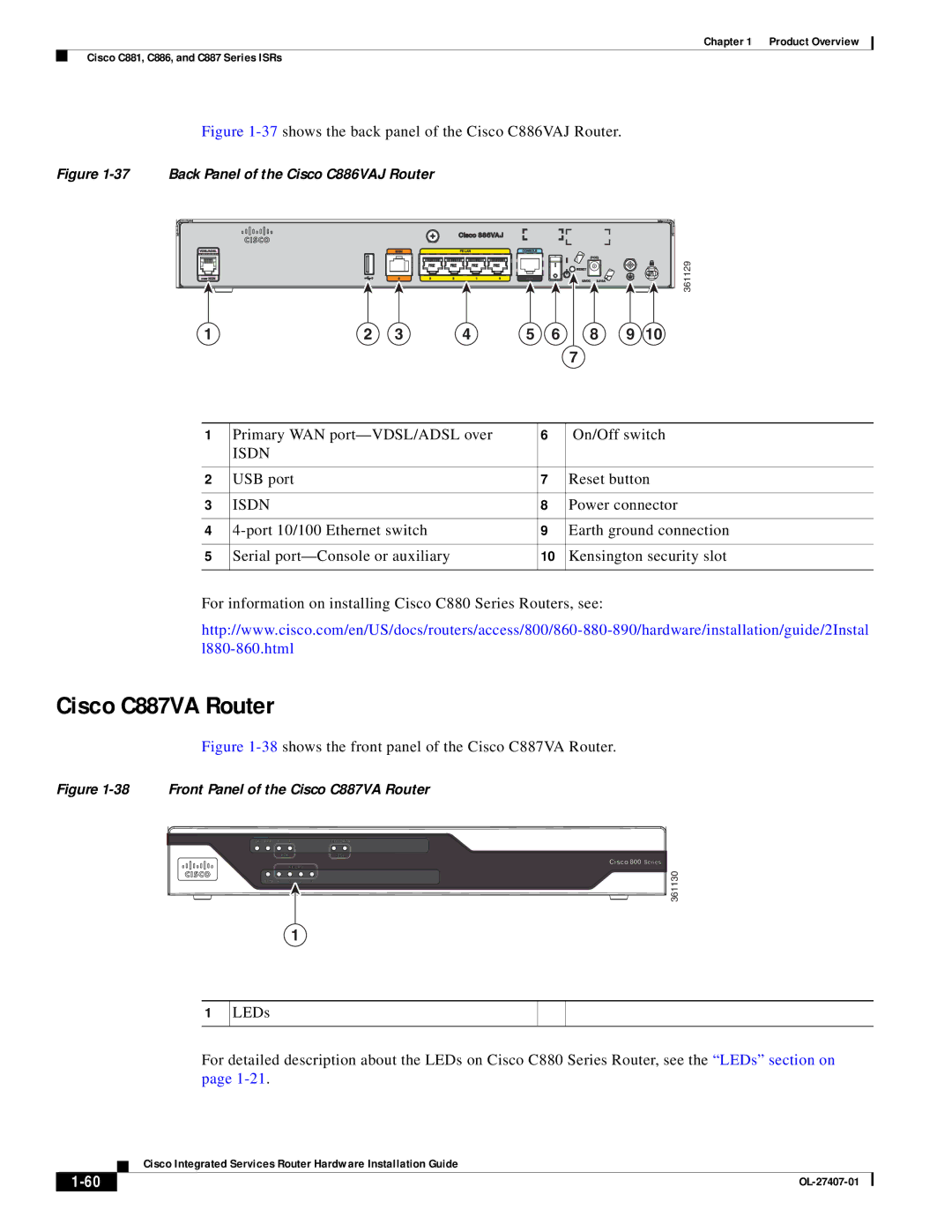 Cisco Systems OL-27407-01 manual Cisco C887VA Router, 37shows the back panel of the Cisco C886VAJ Router 