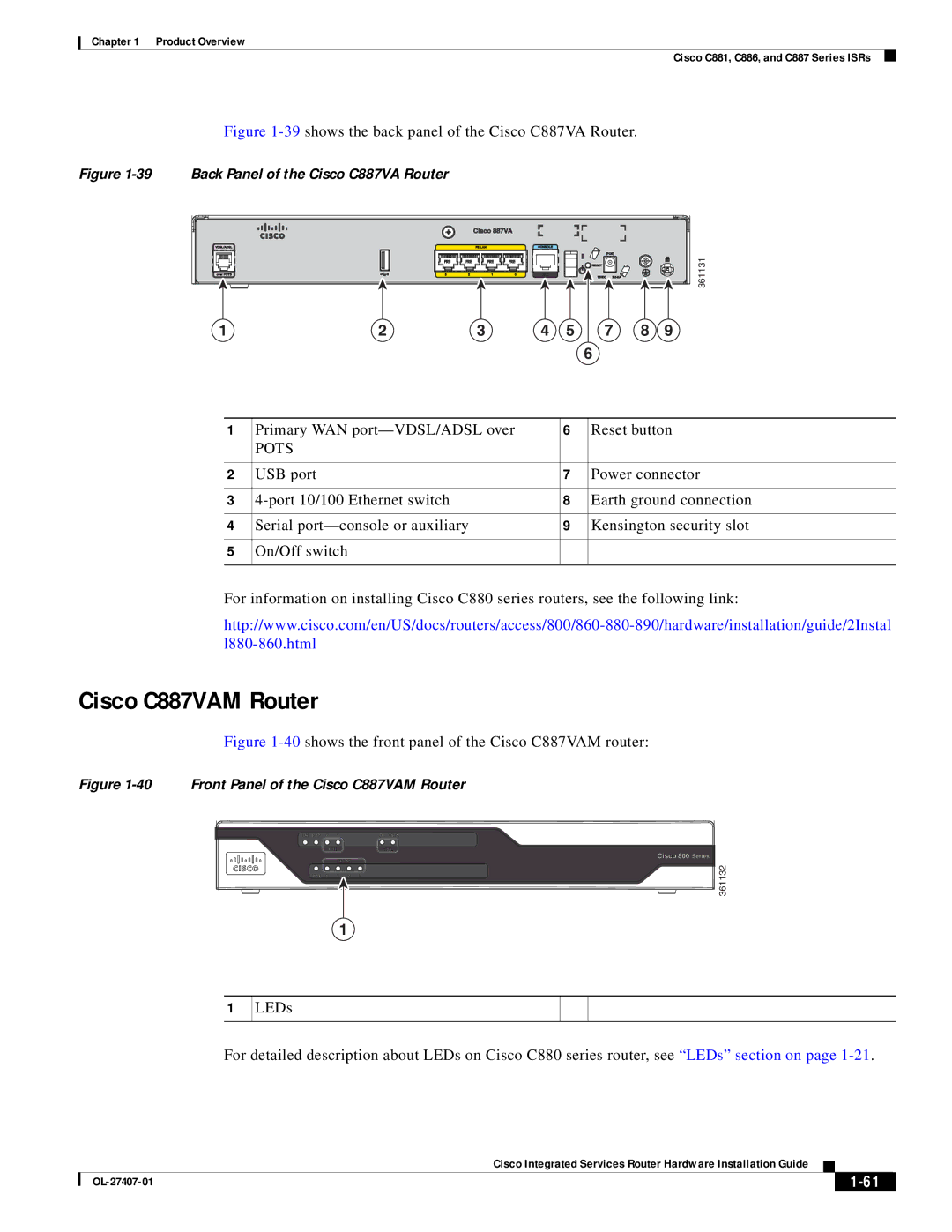 Cisco Systems OL-27407-01 manual Cisco C887VAM Router, 39shows the back panel of the Cisco C887VA Router 