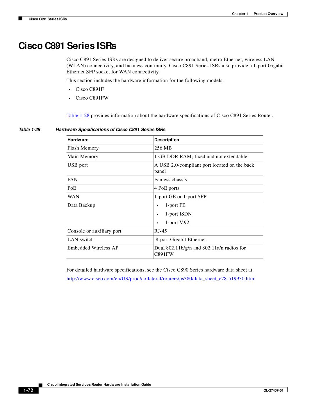 Cisco Systems OL-27407-01 manual PoE PoE ports, Port GE or 1-port SFP 