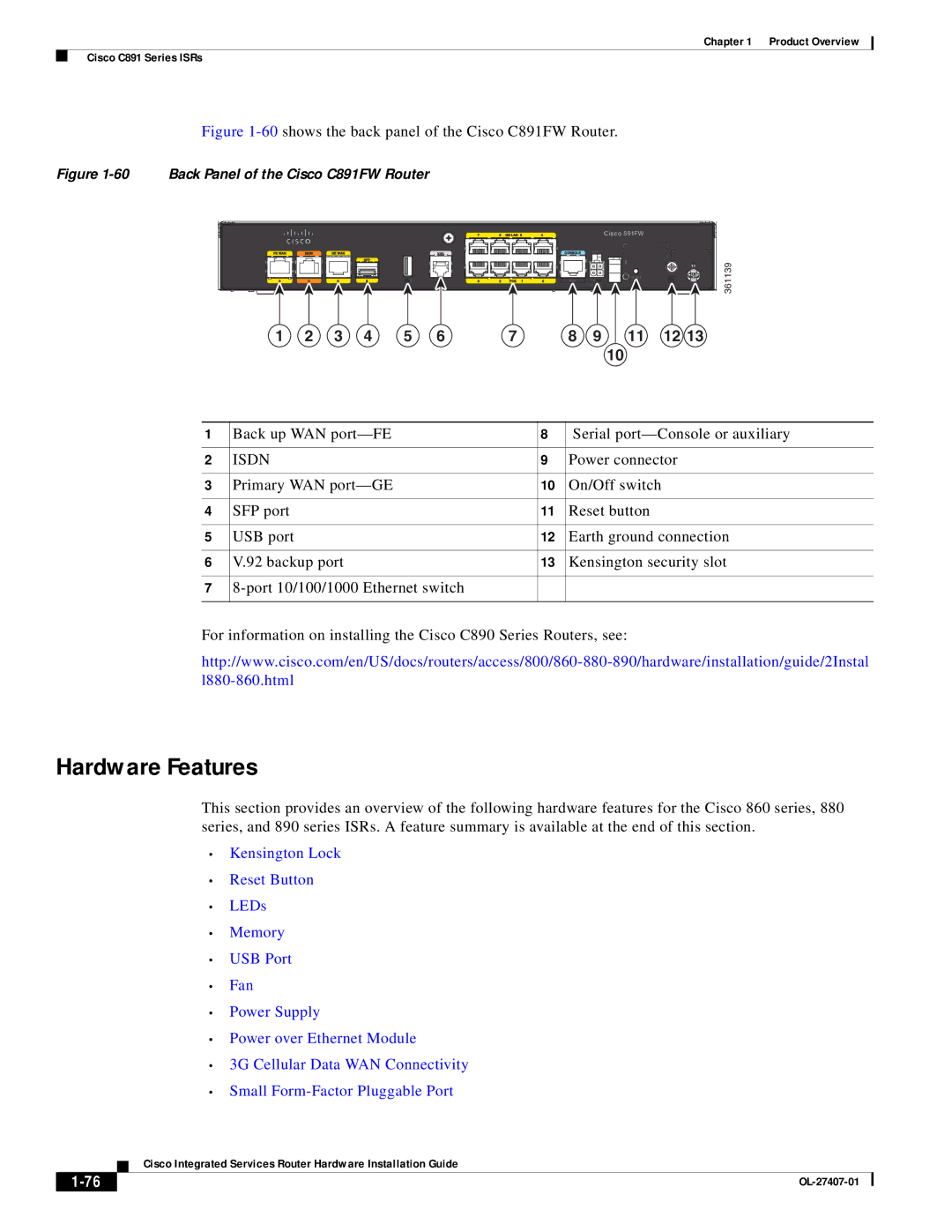 Cisco Systems OL-27407-01 manual Hardware Features, Back up WAN port-FE Serial port-Console or auxiliary 