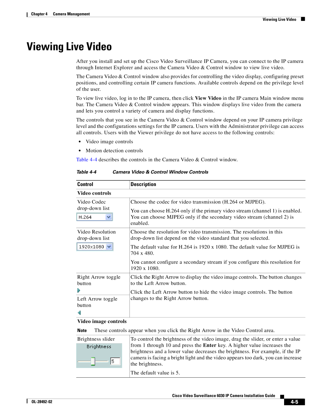 Cisco Systems OL-28492-02 manual Viewing Live Video, Control Description, Video controls, Video image controls 