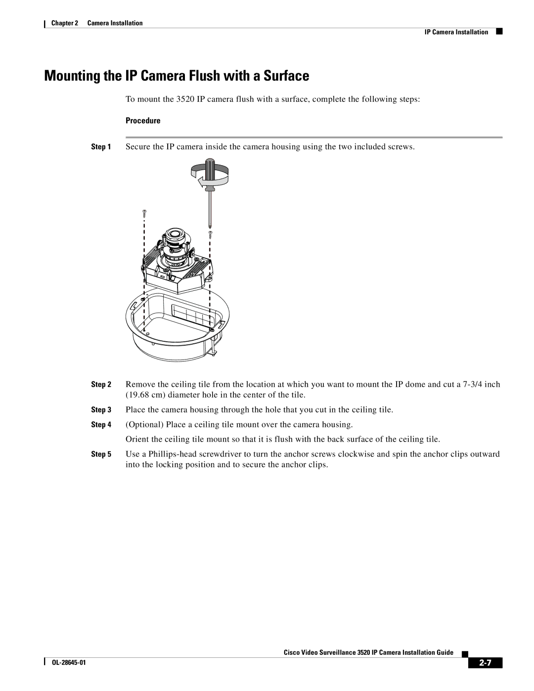 Cisco Systems OL-28645-01 manual Mounting the IP Camera Flush with a Surface, Procedure 