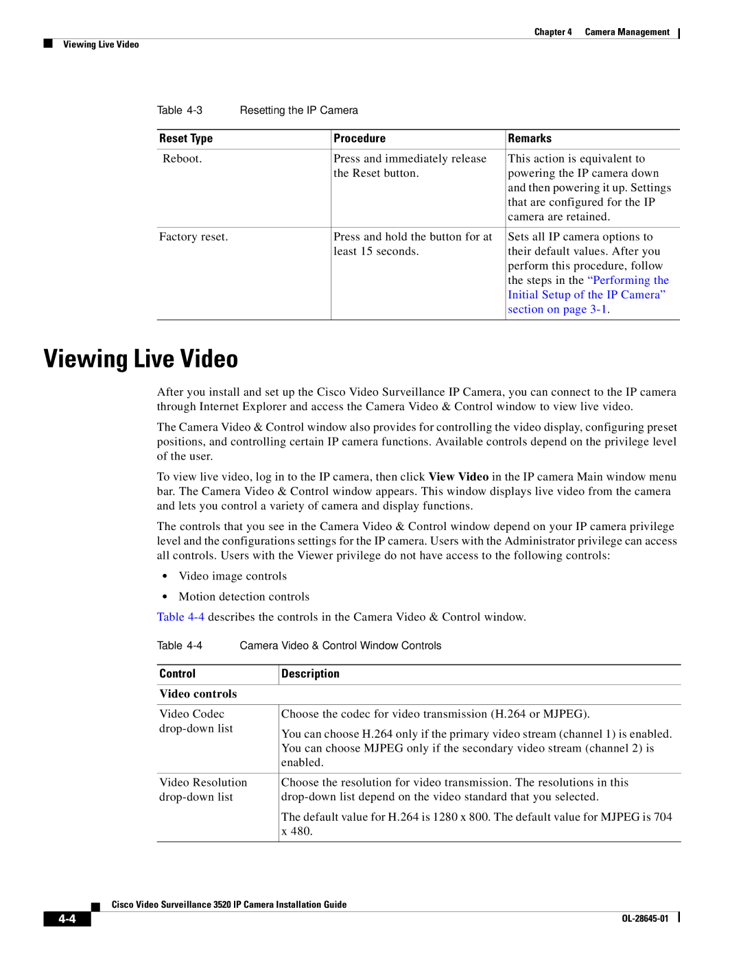 Cisco Systems OL-28645-01 manual Viewing Live Video, Reset Type Procedure Remarks, Control Description, Video controls 