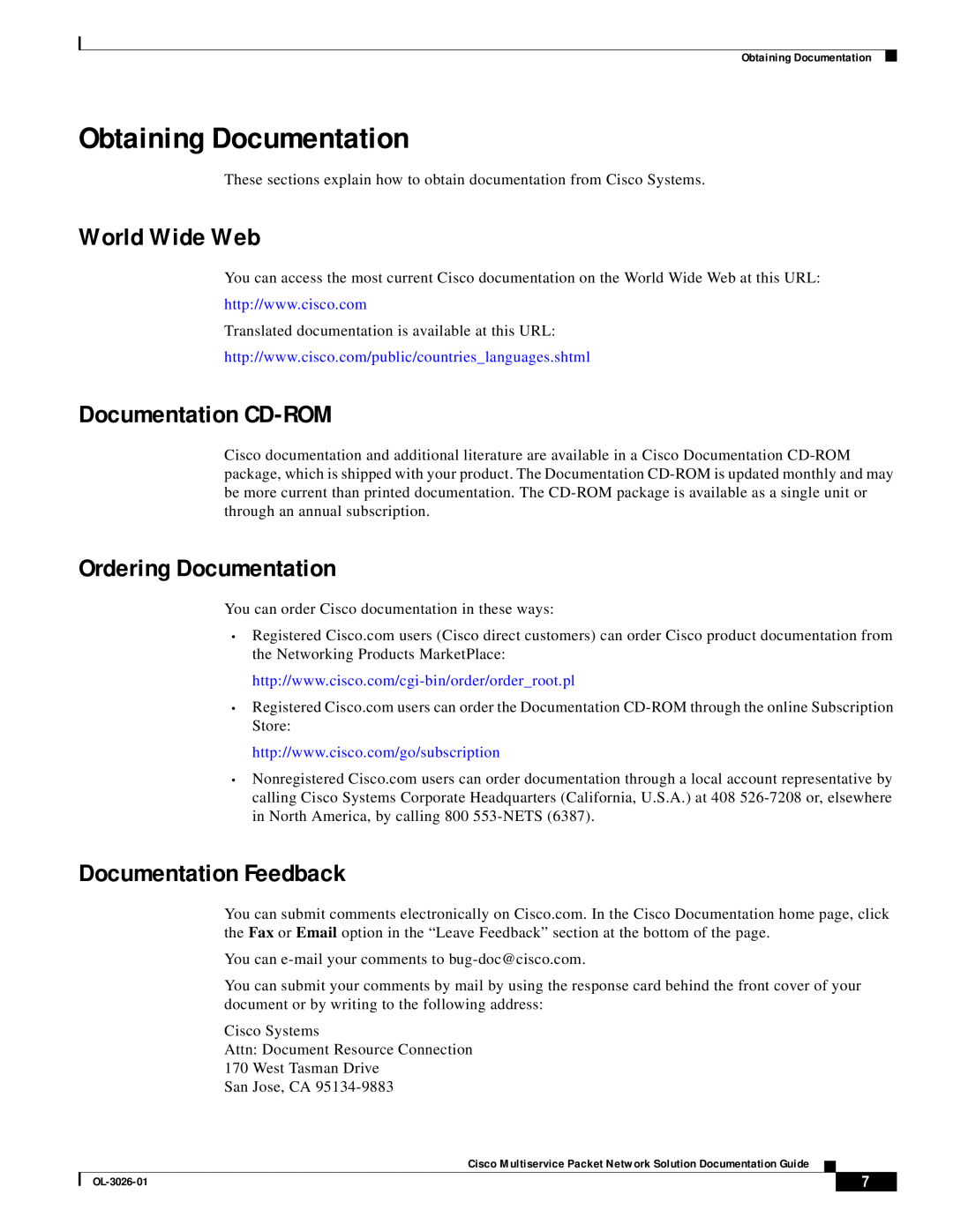 Cisco Systems OL-3026-01 manual Obtaining Documentation, World Wide Web, Documentation CD-ROM, Ordering Documentation 