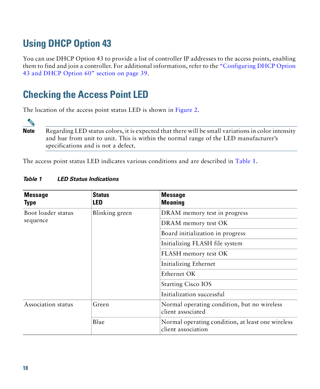 Cisco Systems OL-31386-01 specifications Using Dhcp Option, Checking the Access Point LED 