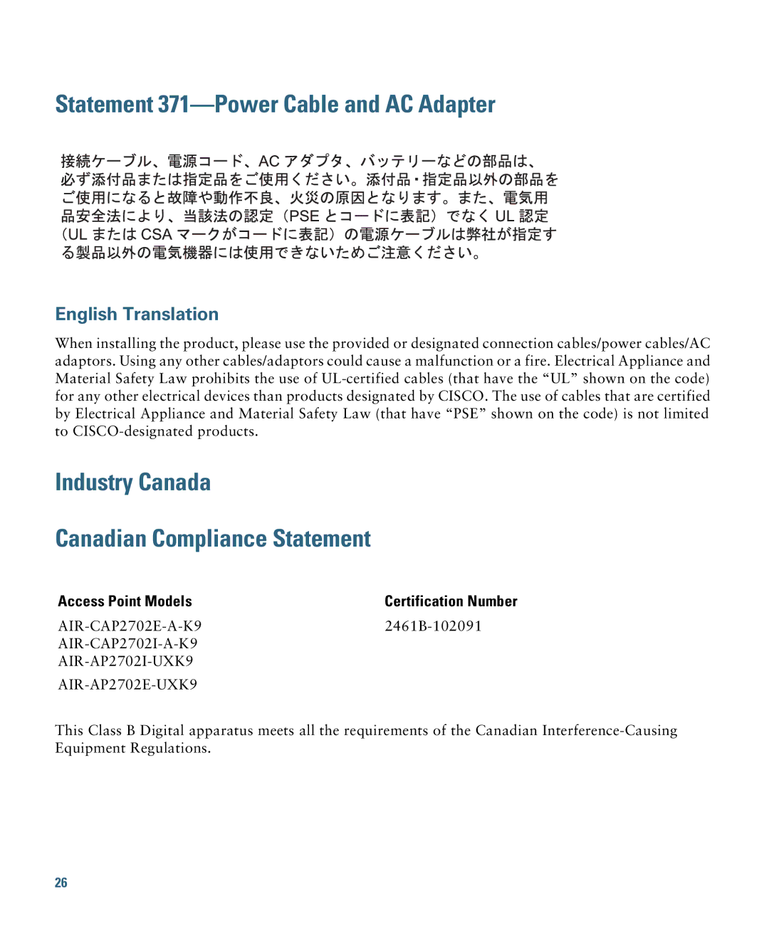 Cisco Systems OL-31386-01 Statement 371-Power Cable and AC Adapter, Industry Canada Canadian Compliance Statement 