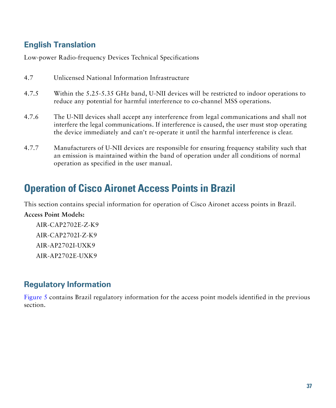 Cisco Systems OL-31386-01 specifications Operation of Cisco Aironet Access Points in Brazil 