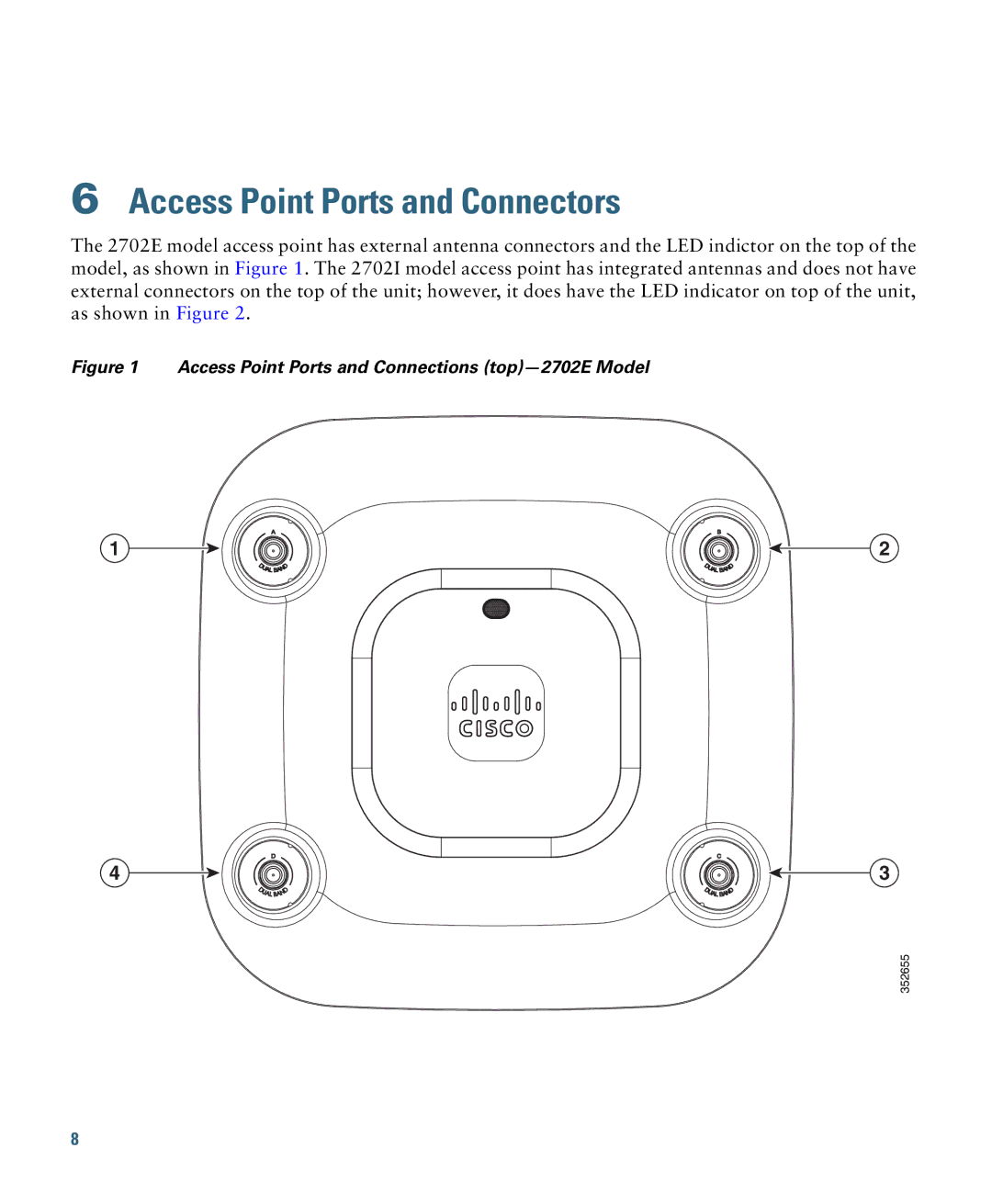 Cisco Systems OL-31386-01 Access Point Ports and Connectors, Access Point Ports and Connections top-2702E Model 