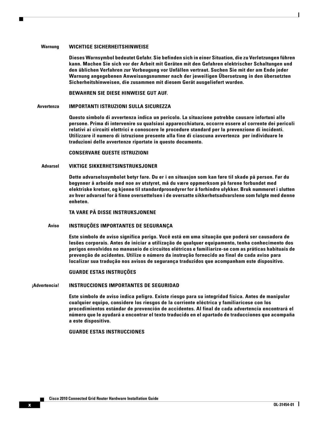 Cisco Systems OL-31454-01 manual Warnung Wichtige Sicherheitshinweise, Avvertenza Importanti Istruzioni Sulla Sicurezza 