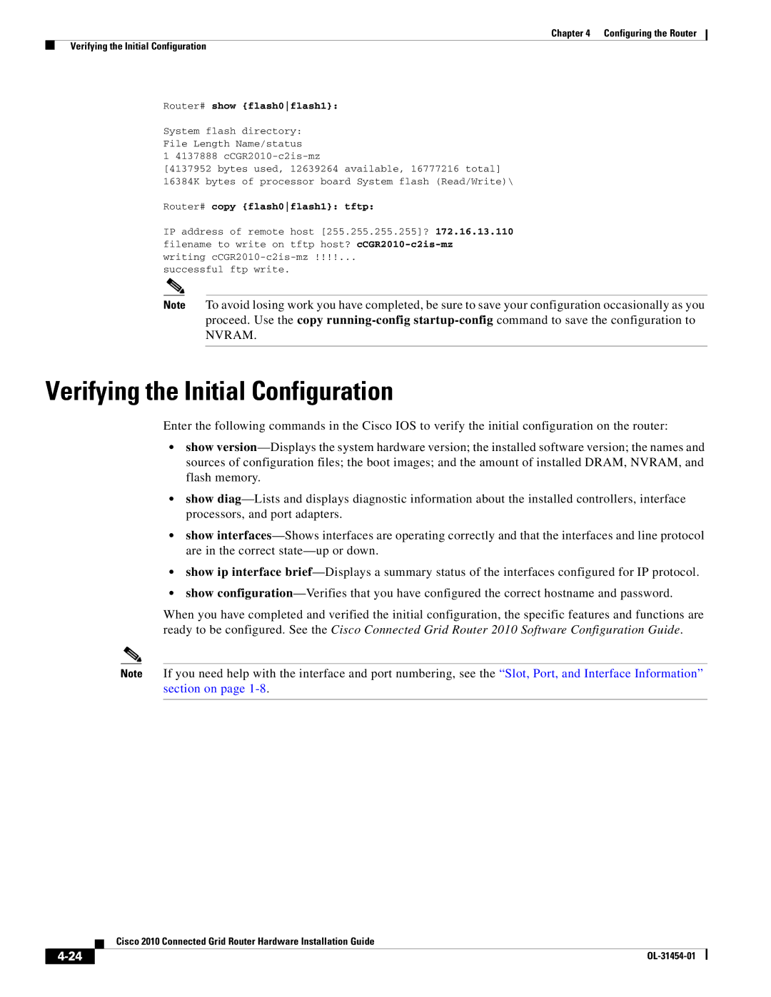 Cisco Systems OL-31454-01 manual Verifying the Initial Configuration, Nvram 