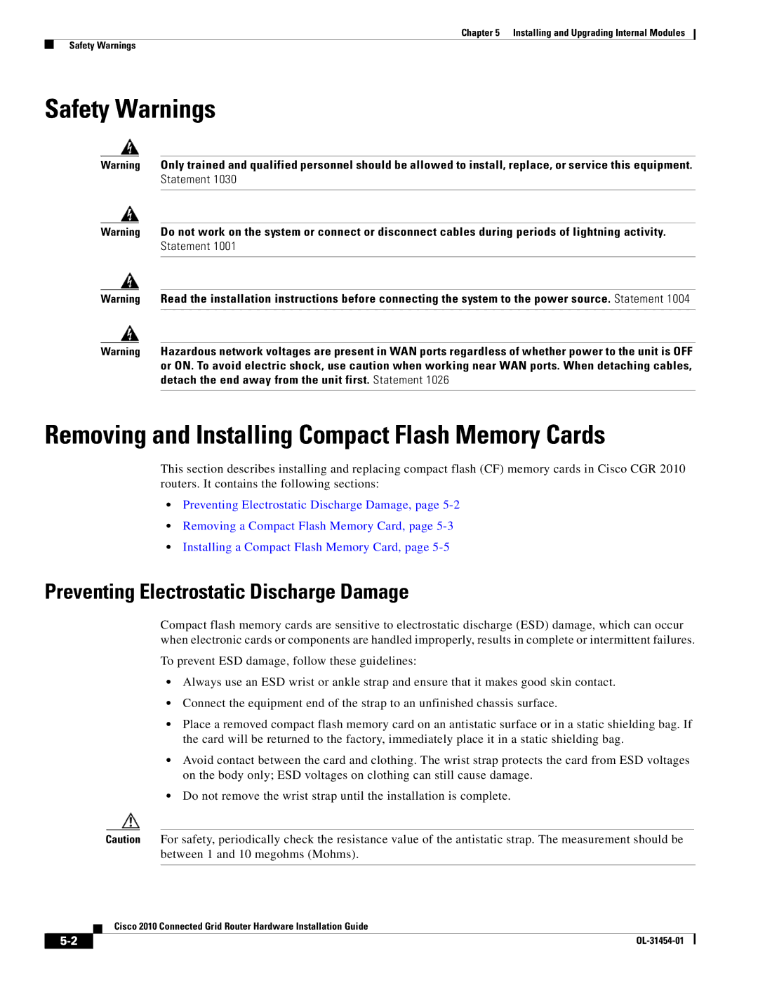 Cisco Systems OL-31454-01 manual Installing and Upgrading Internal Modules Safety Warnings 