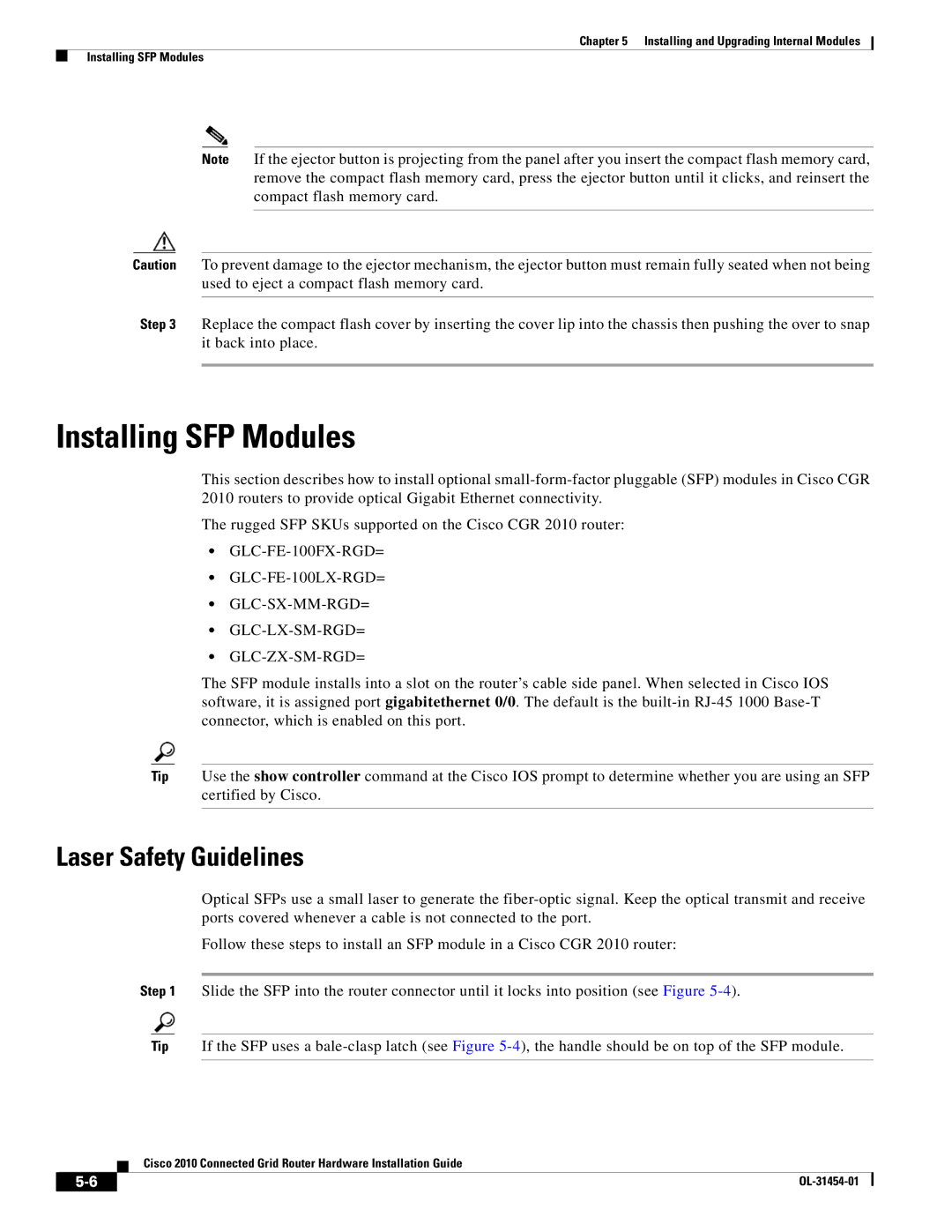 Cisco Systems OL-31454-01 manual Installing SFP Modules, Laser Safety Guidelines 