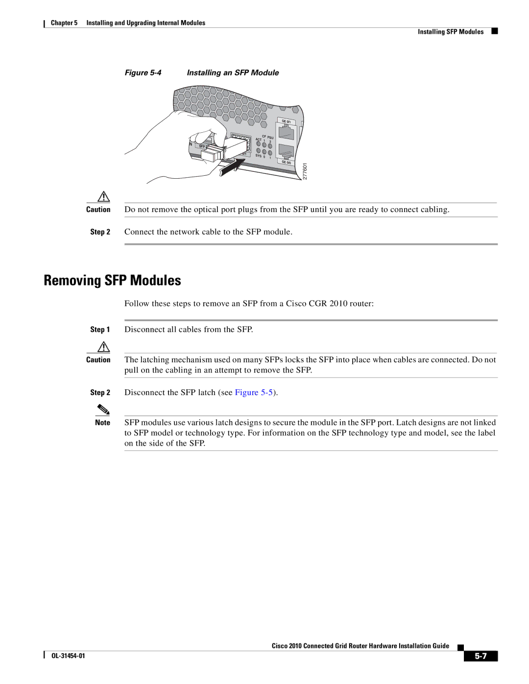 Cisco Systems OL-31454-01 manual Removing SFP Modules, Connect the network cable to the SFP module 