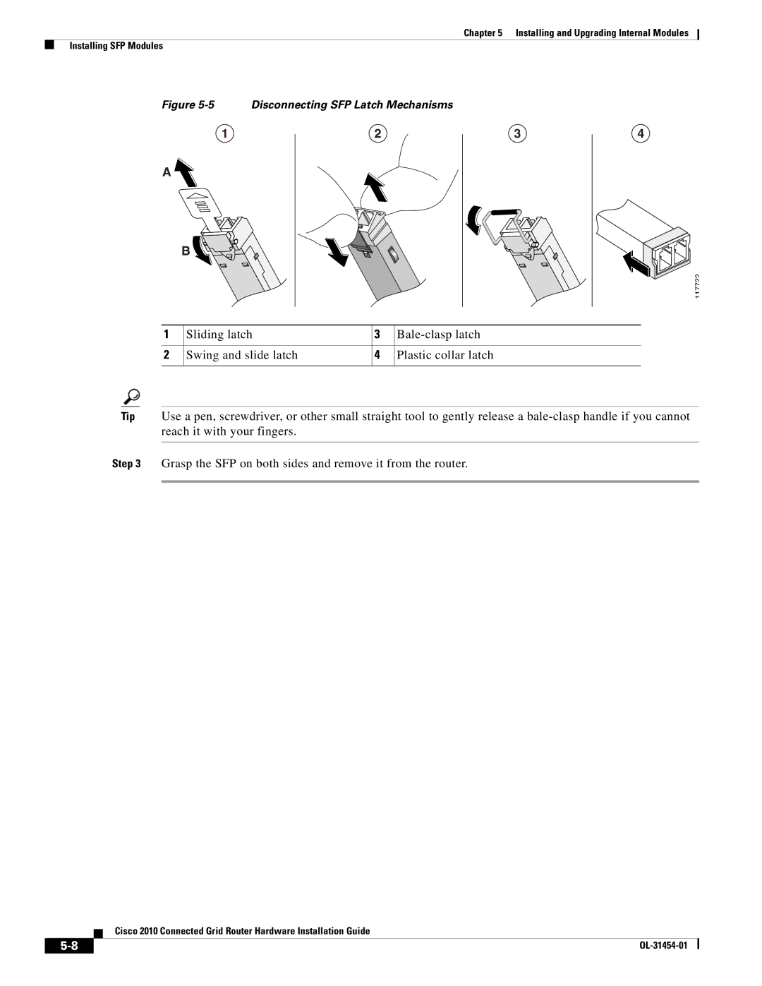 Cisco Systems OL-31454-01 manual Disconnecting SFP Latch Mechanisms 