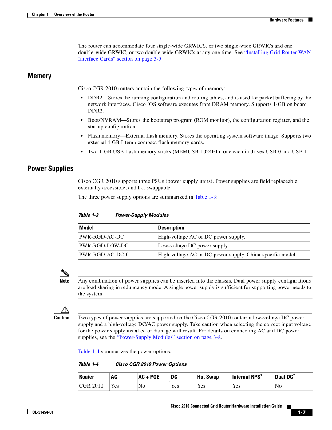 Cisco Systems OL-31454-01 manual Memory, Power Supplies, Model Description, Hot Swap Internal RPS1 Dual DC2 