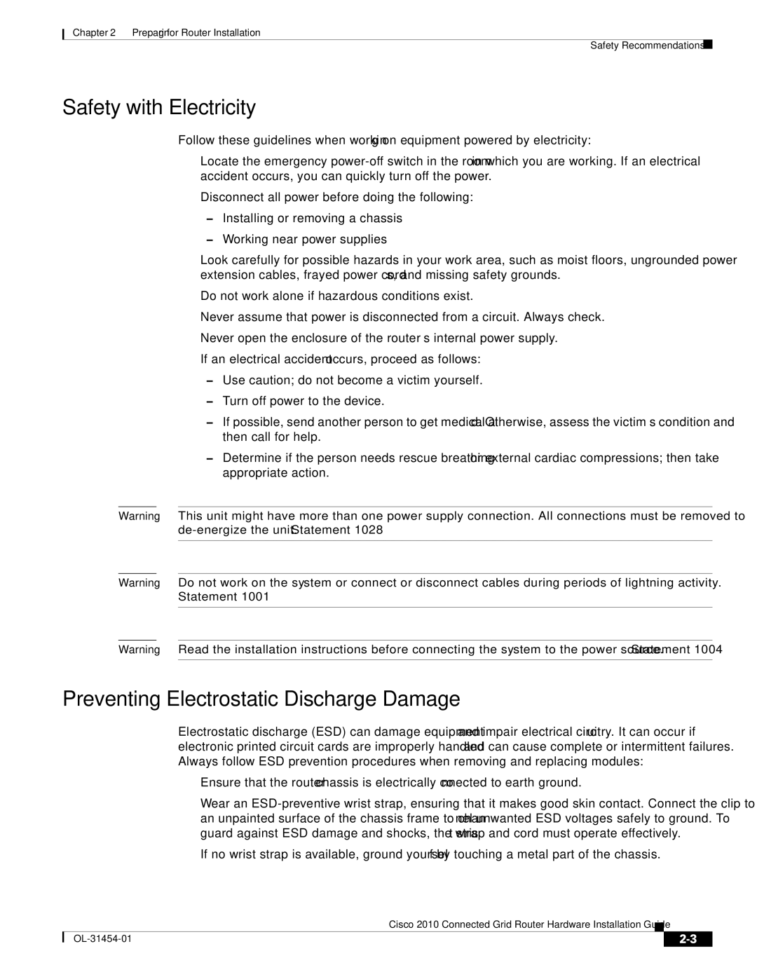 Cisco Systems OL-31454-01 manual Safety with Electricity, Preventing Electrostatic Discharge Damage 