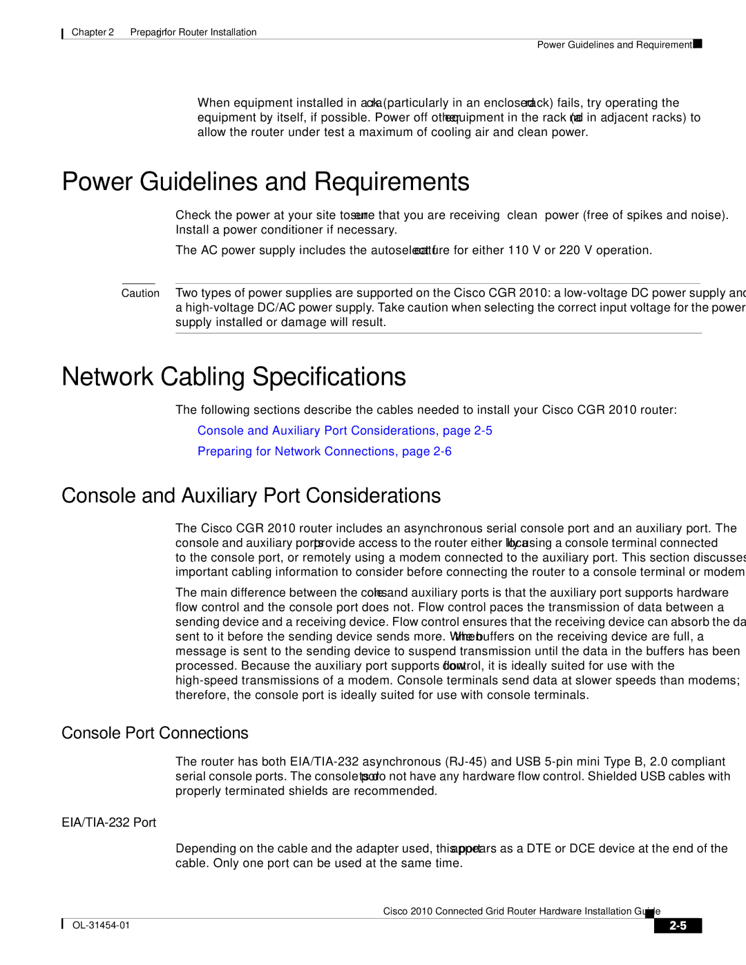 Cisco Systems OL-31454-01 Power Guidelines and Requirements, Network Cabling Specifications, Console Port Connections 