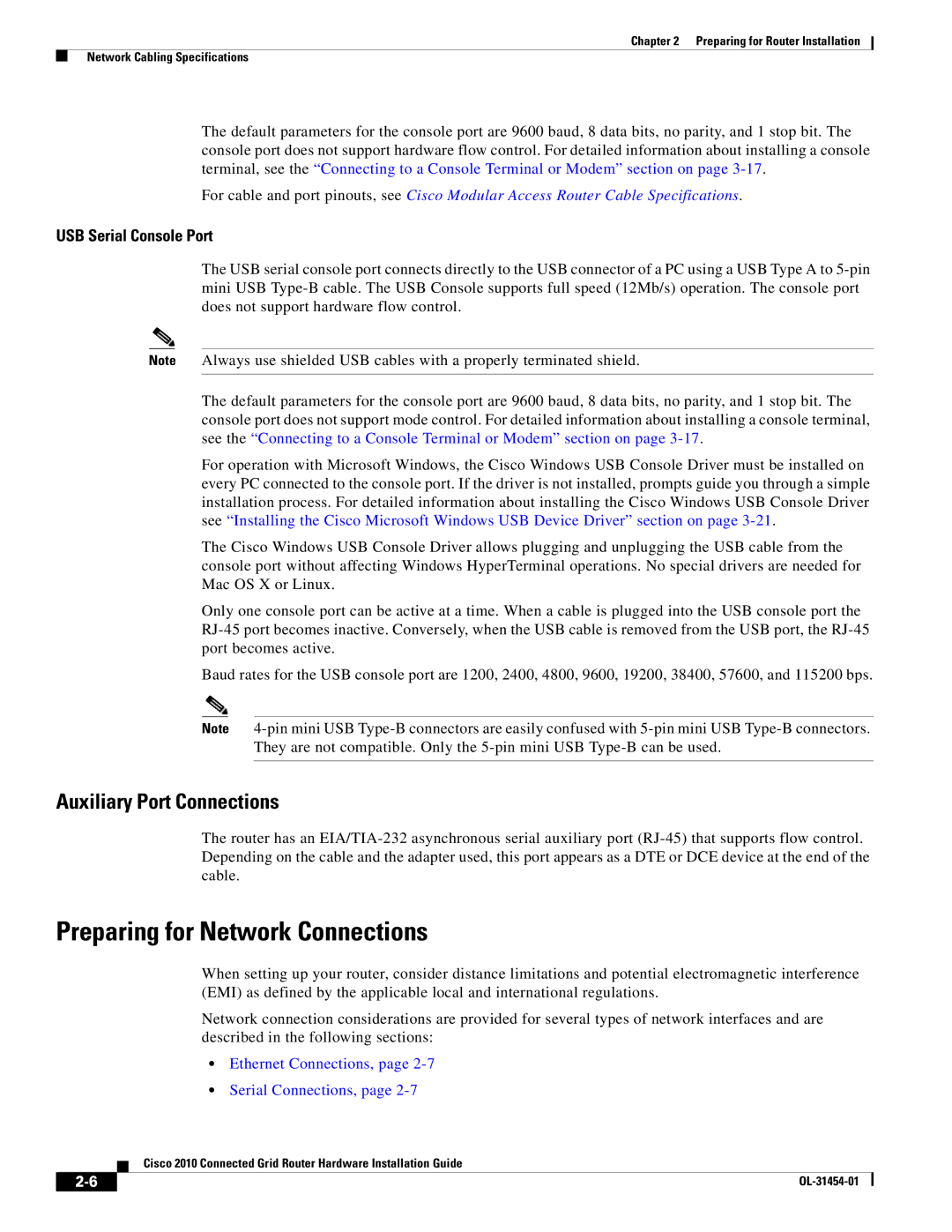 Cisco Systems OL-31454-01 manual Preparing for Network Connections, Auxiliary Port Connections, USB Serial Console Port 