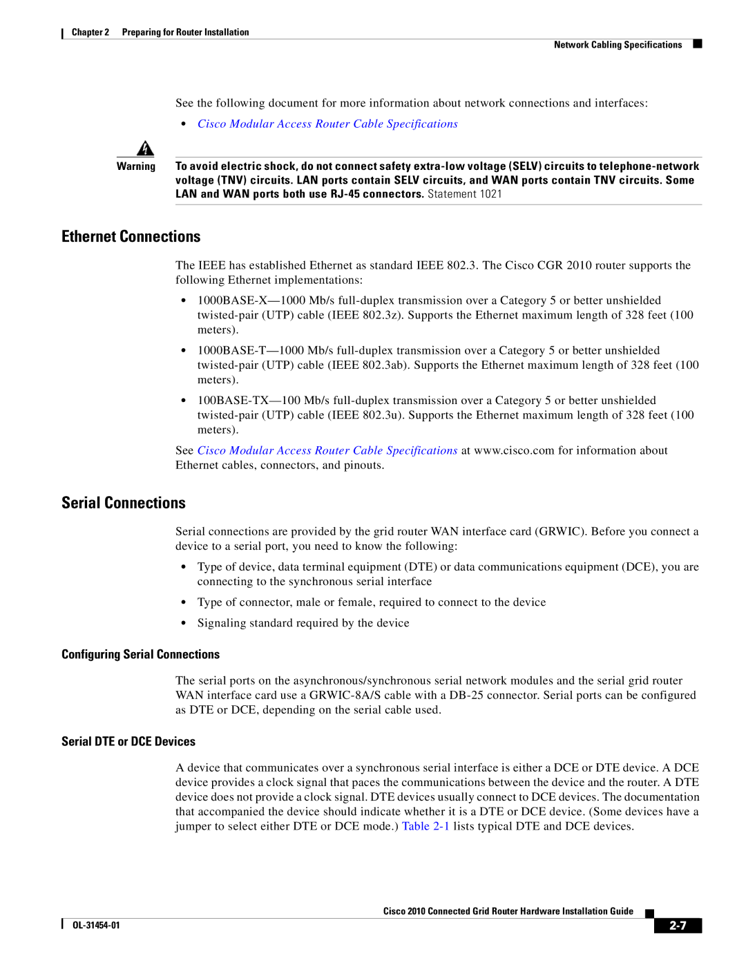 Cisco Systems OL-31454-01 manual Ethernet Connections, Configuring Serial Connections, Serial DTE or DCE Devices 