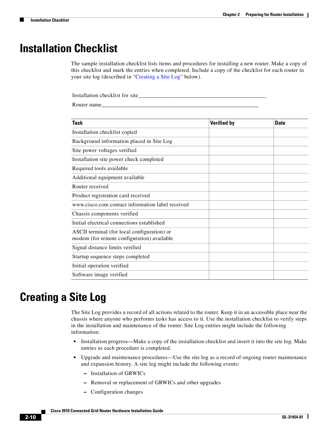 Cisco Systems OL-31454-01 manual Installation Checklist, Creating a Site Log, Task Verified by Date 