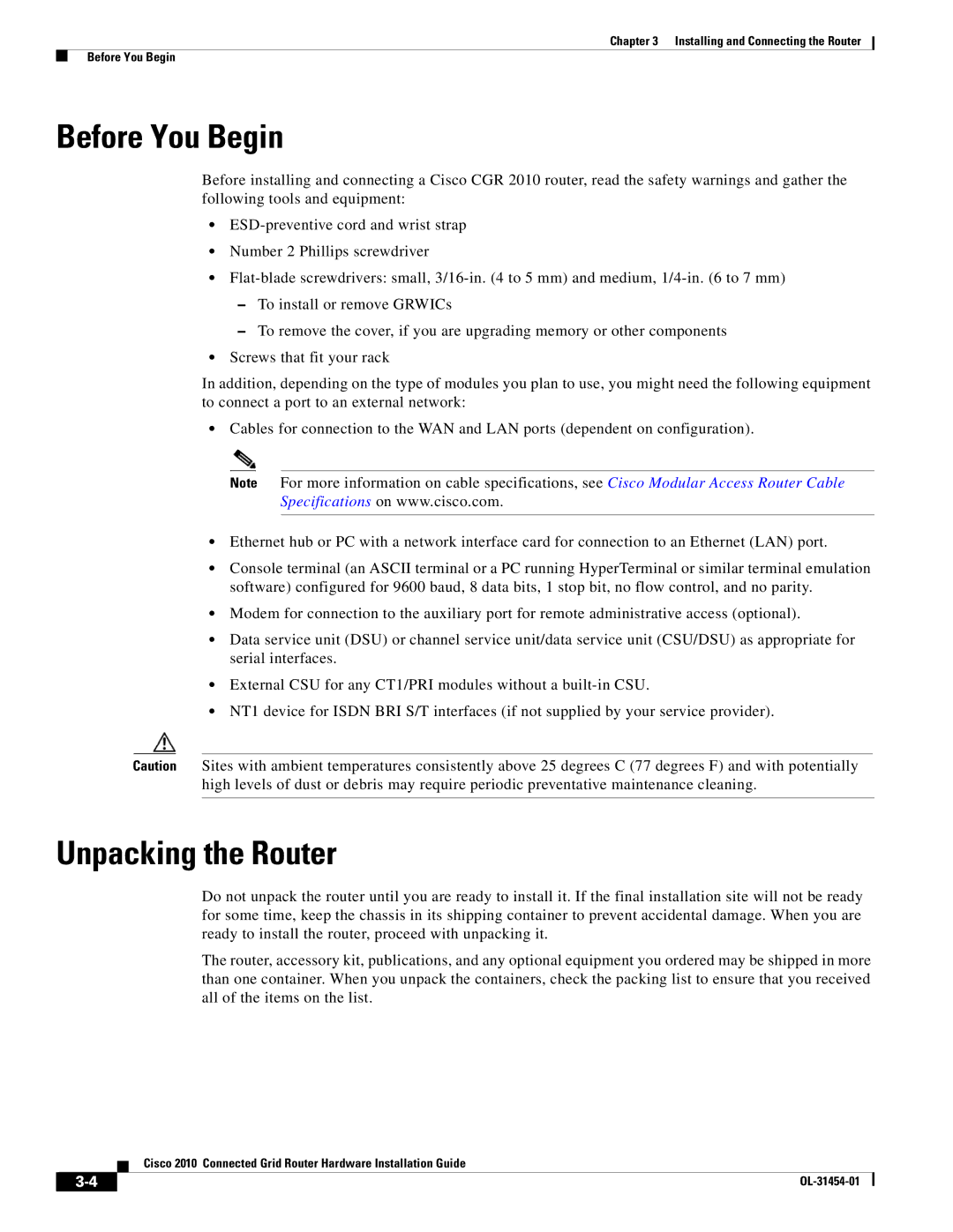 Cisco Systems OL-31454-01 manual Before You Begin, Unpacking the Router 