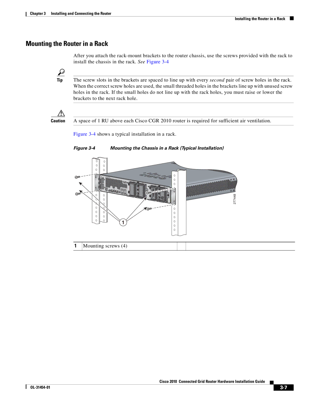 Cisco Systems OL-31454-01 manual Mounting the Router in a Rack, Mounting screws 