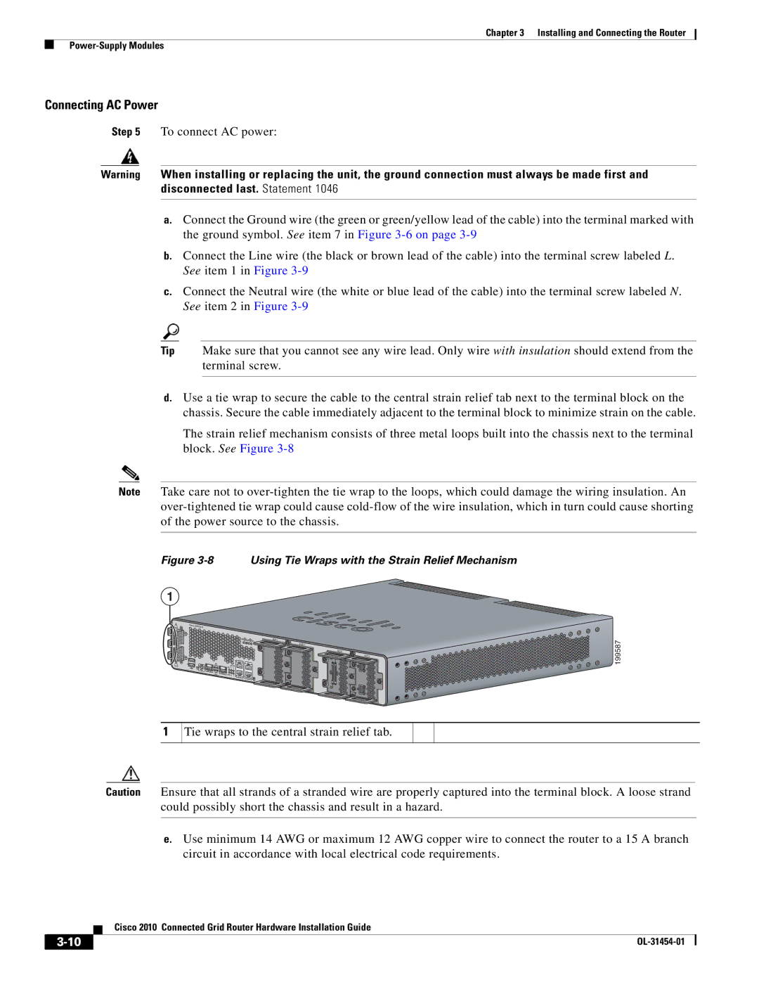 Cisco Systems OL-31454-01 manual Connecting AC Power, Using Tie Wraps with the Strain Relief Mechanism 