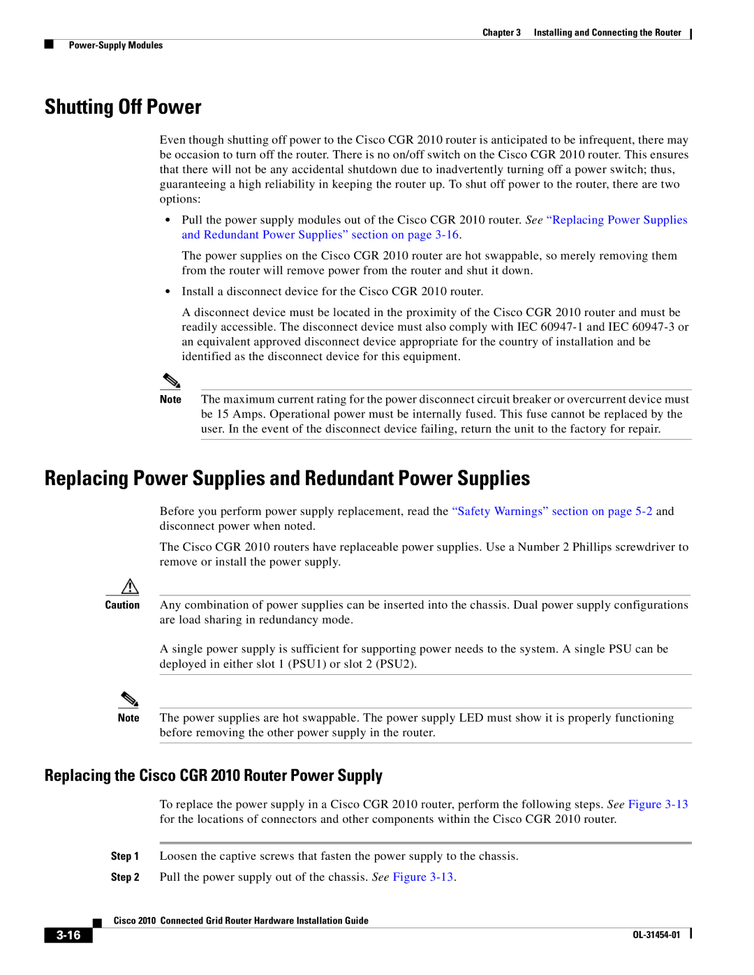 Cisco Systems OL-31454-01 manual Shutting Off Power, Replacing Power Supplies and Redundant Power Supplies 