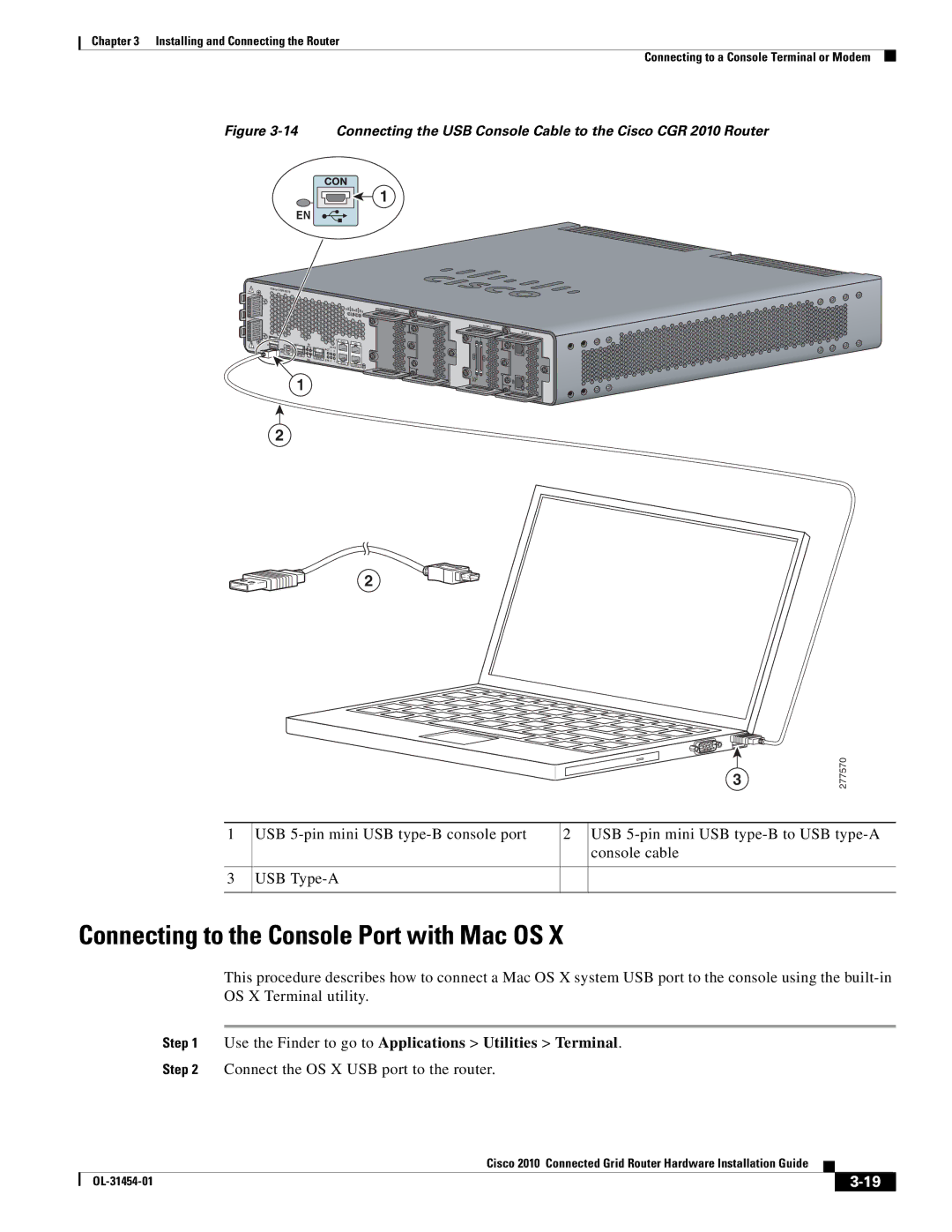 Cisco Systems OL-31454-01 manual Connecting to the Console Port with Mac OS, Connect the OS X USB port to the router 