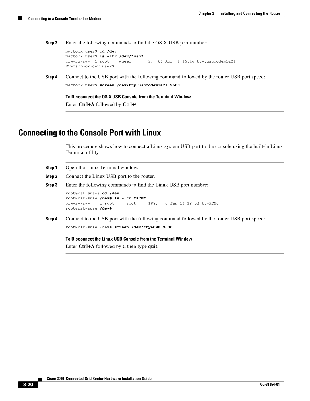 Cisco Systems OL-31454-01 manual Connecting to the Console Port with Linux 