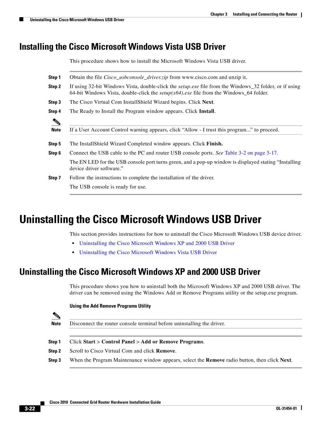 Cisco Systems OL-31454-01 manual Uninstalling the Cisco Microsoft Windows USB Driver, Using the Add Remove Programs Utility 