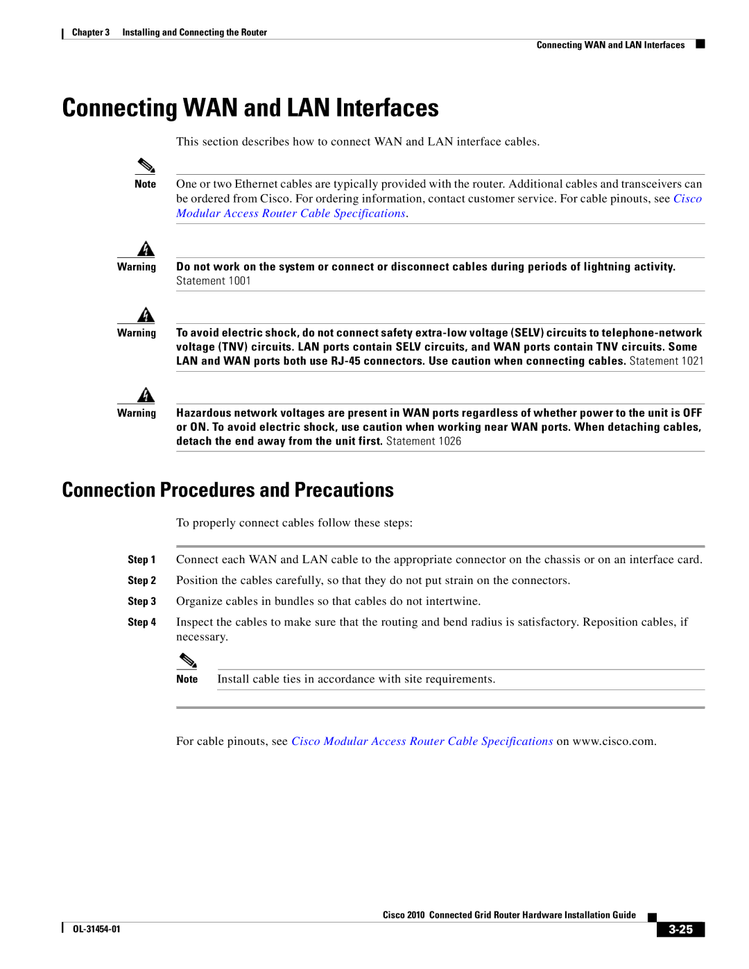 Cisco Systems OL-31454-01 manual Connecting WAN and LAN Interfaces, Connection Procedures and Precautions 