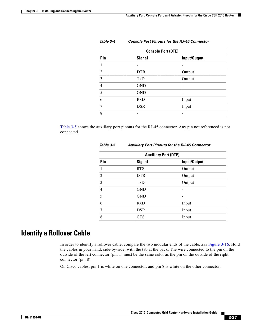 Cisco Systems OL-31454-01 manual Identify a Rollover Cable, Pin Signal Input/Output 