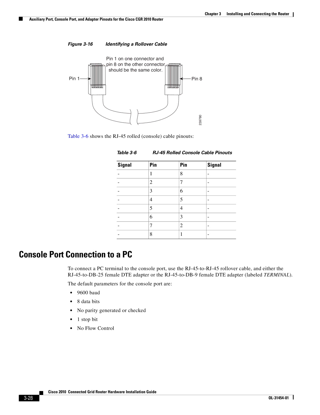 Cisco Systems OL-31454-01 manual Console Port Connection to a PC, 6shows the RJ-45 rolled console cable pinouts, Signal Pin 